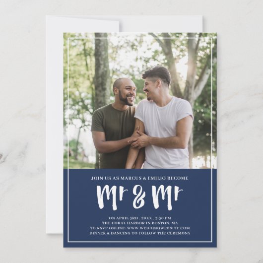 Preppy Navy Blue Mr & Mr Brush Script Wedding Kaart (Voorkant)