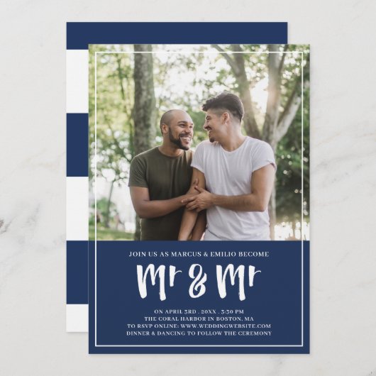 Preppy Navy Blue Mr & Mr Brush Script Wedding Kaart (Voorkant / Achterkant)