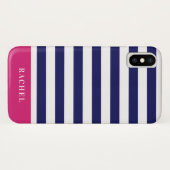 Preppy Navy Blue Stripes & Hot Pink Monogram Case-Mate iPhone Case (Achterkant (horizontaal))
