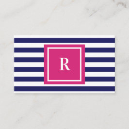 Preppy Navy Blue Stripes & Hot Pink Monogram Visitekaartje
