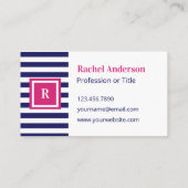 Preppy Navy Blue Stripes & Hot Pink Monogram Visitekaartje (Achterkant)
