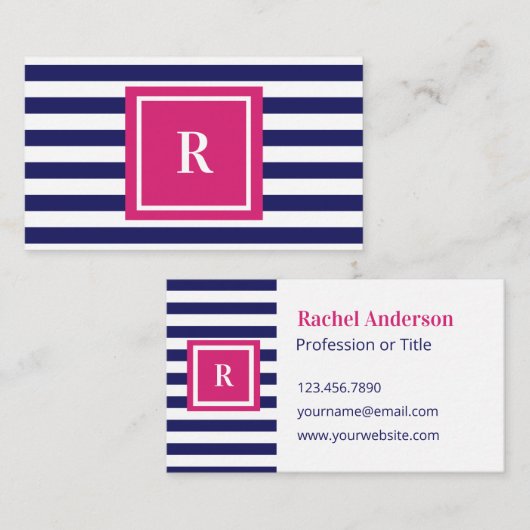 Preppy Navy Blue Stripes & Hot Pink Monogram Visitekaartje (Voorkant / Achterkant)
