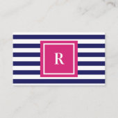 Preppy Navy Blue Stripes & Hot Pink Monogram Visitekaartje (Voorkant)