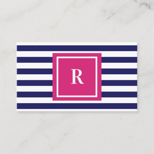 Preppy Navy Blue Stripes & Hot Pink Monogram Visitekaartje (Voorkant)