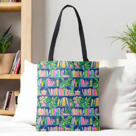 =Preppy Navy Boekenplank / Boeken & Groene Planten Tote Bag