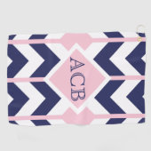 Preppy Navy en roze Chevron Dames Monogram Golfhanddoek (Horizontaal)