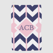 Preppy Navy en roze Chevron Dames Monogram Golfhanddoek (Voorkant)