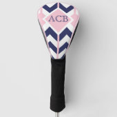 Preppy Navy en roze Chevron Dames Monogram Golfheadcover (Voorkant)