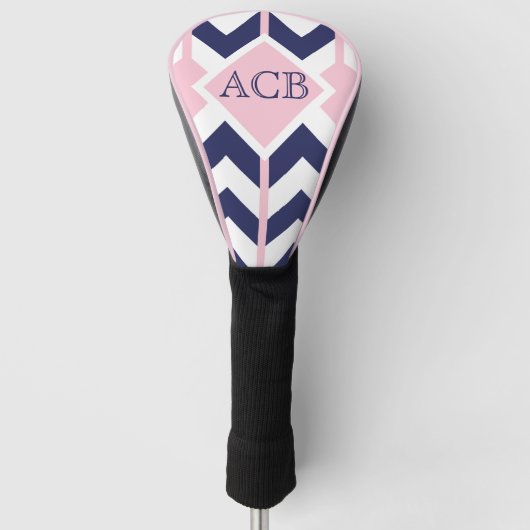 Preppy Navy en roze Chevron Dames Monogram Golfheadcover (Voorkant)