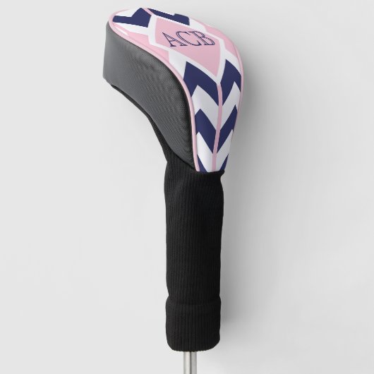 Preppy Navy en roze Chevron Dames Monogram Golfheadcover (Schuin)