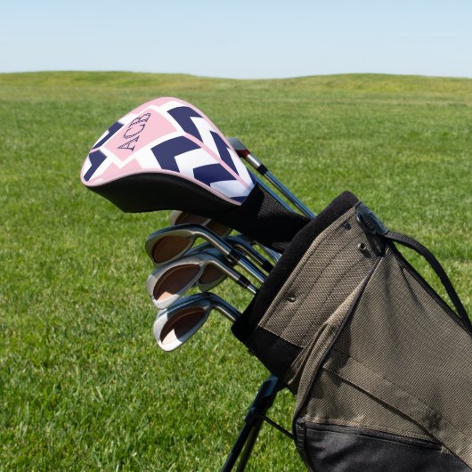 Preppy Navy en roze Chevron Dames Monogram Golfheadcover (Insitu)