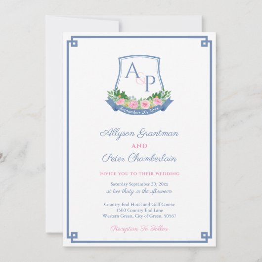 Preppy Navy en Roze Monogram Crest Wedding Kaart (Voorkant)