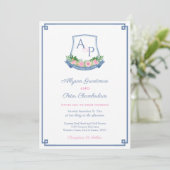 Preppy Navy en Roze Monogram Crest Wedding Kaart (Staand voorkant)