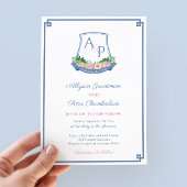 Preppy Navy en Roze Monogram Crest Wedding Kaart
