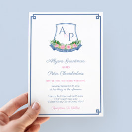 Preppy Navy en Roze Monogram Crest Wedding Kaart