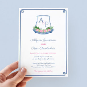 Preppy Navy en Roze Monogram Crest Wedding Kaart