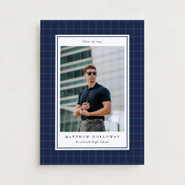 Preppy Navy Grid One Photo Graduation Announcement Kaart