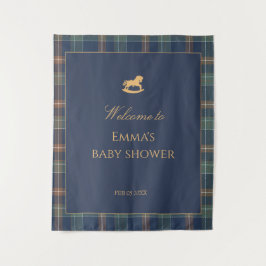 Preppy Navy Plaid Baby Shower with Rocking horse Wandkleed