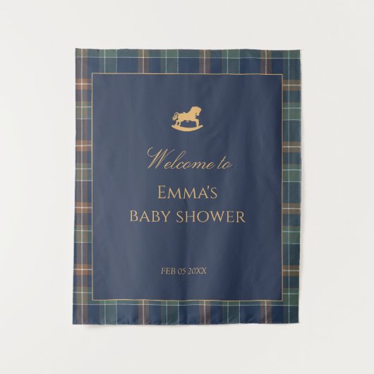 Preppy Navy Plaid Baby Shower with Rocking horse Wandkleed (Voorkant)
