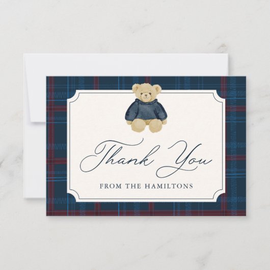 Preppy Navy Plaid Teddy Bear Baby Shower Bedankkaart (Voorkant)