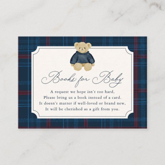 Preppy Navy Plaid Teddy Bear Book Request Informatiekaartje (Voorkant)