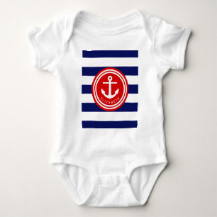 Preppy Navy Scheepsstreep Anker Monogram op Rood Romper