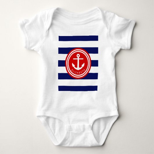 Preppy Navy Scheepsstreep Anker Monogram op Rood Romper (Voorkant)