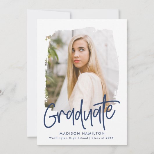 Preppy Navy Script Foto Afstudeerfeest Kaart (Voorkant)