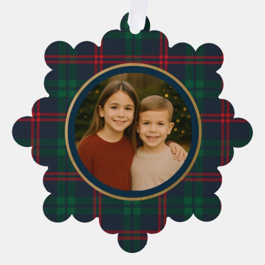 Preppy Navy Tartan Plaid Christmas Photo Ornament Kaart (Voorkant)