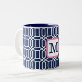Preppy Navy White Octagon geometrisch monogram Tweekleurige Koffiemok (Voorkant links)