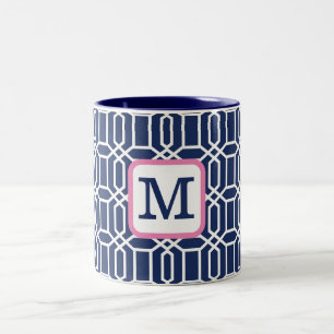 Preppy Navy White Octagon geometrisch monogram Tweekleurige Koffiemok