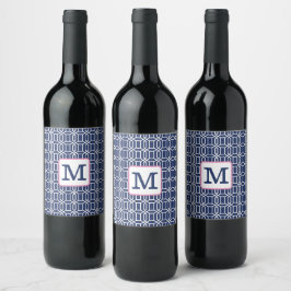 Preppy Navy White Octagon geometrisch monogram Wijn Etiket