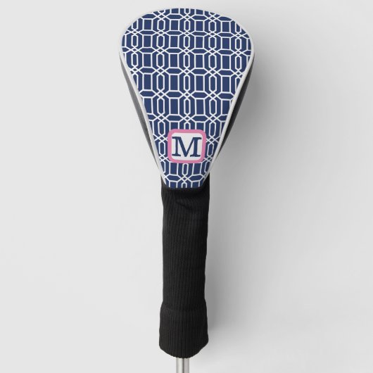 Preppy Navy White Octagon Monogram Golfheadcover (Voorkant)