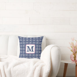 Preppy Navy White Octagon Monogram Initiaal Kussen