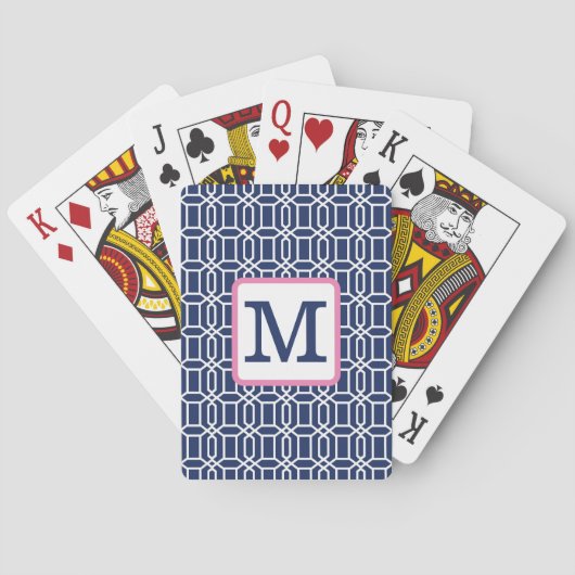 Preppy Navy White Octagon Monogram Pokerkaarten (Achterkant)