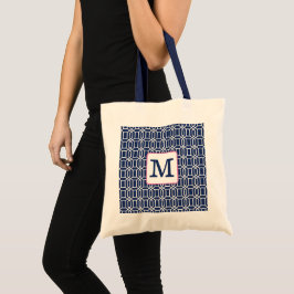 Preppy Navy Witte Achthoekige Geometrische Monogra Tote Bag