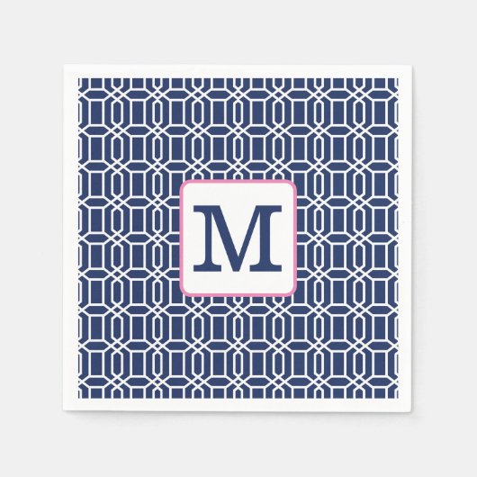Preppy Navy Witte Achthoekige Monogram Initiaal Servet (Voorkant)