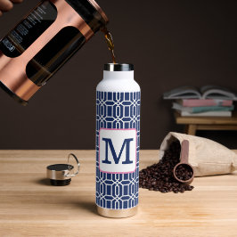 Preppy Navy Witte Octagon Monogram Koffie Waterfles