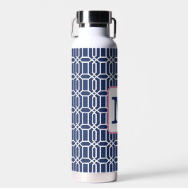 Preppy Navy Witte Octagon Monogram Koffie Waterfles