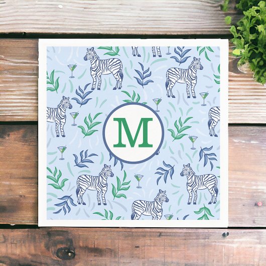 Preppy Navy Zebra Martinis Blauw Monogram Servet