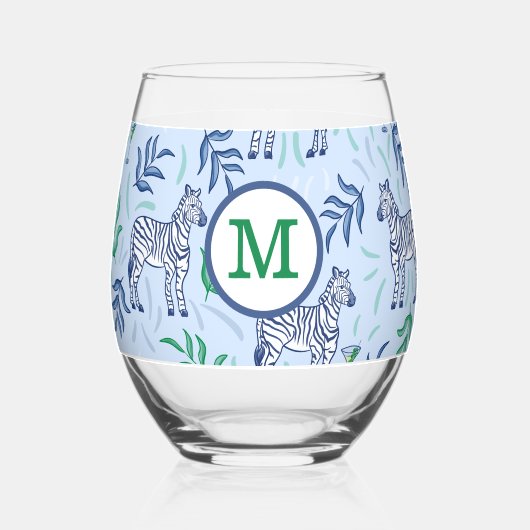 Preppy Navy Zebra Martinis Blauw Monogram Wijnglas Zonder Voet (Voorkant)