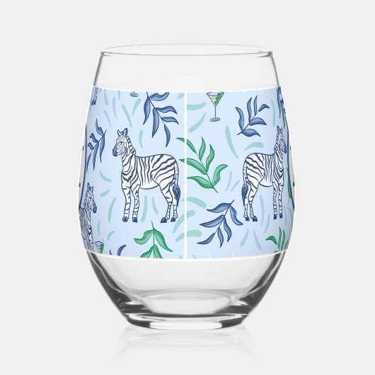 Preppy Navy Zebra Martinis Blauw Monogram Wijnglas Zonder Voet (Links)