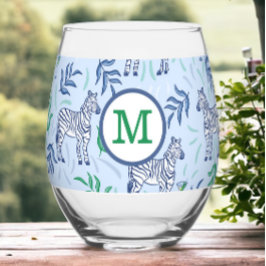 Preppy Navy Zebra Martinis Blauw Monogram Wijnglas Zonder Voet
