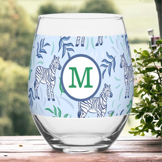 Preppy Navy Zebra Martinis Blauw Monogram Wijnglas Zonder Voet