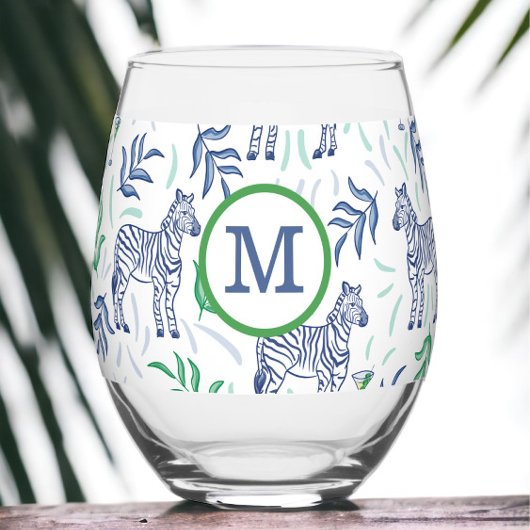 Preppy Navy Zebra Martinis Wit Monogram Wijnglas Zonder Voet