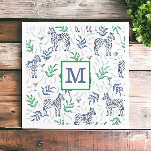 Preppy Navy Zebras Martinis / Navy Monogram Wit Servet