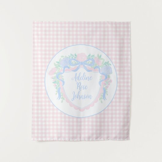 Preppy Nursery Waterverf Crest aangepaste naam Wandkleed (Voorkant)