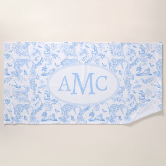 Preppy Oerwoud Chinoiserie Monogram in Lichtblauw Strandlaken (Voorkant)