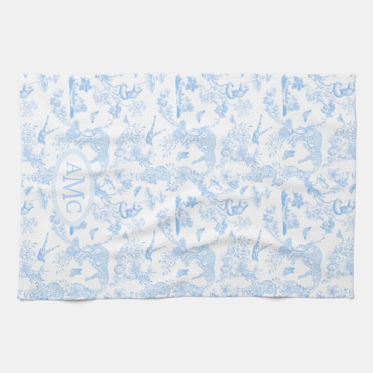 Preppy Oerwoud Chinoiserie Monogram in Lichtblauw  Theedoek (Horizontaal)