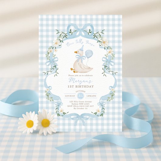 Preppy One Gekke Goose Blue Bow 1st Birthday Kaart